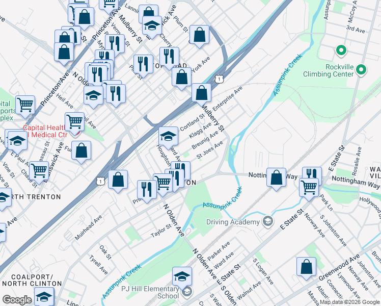 map of restaurants, bars, coffee shops, grocery stores, and more near 325 Saint Joes Avenue in Trenton