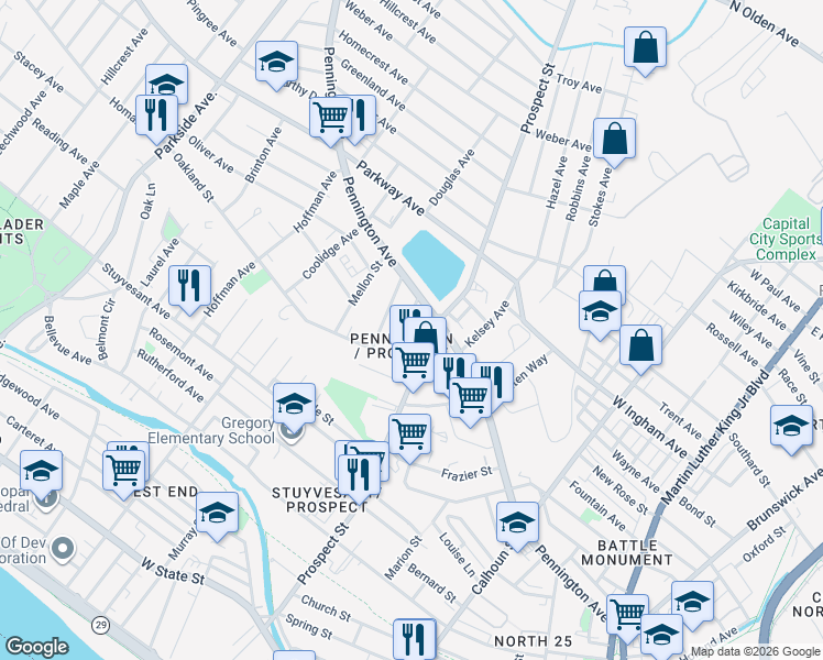 map of restaurants, bars, coffee shops, grocery stores, and more near in Trenton