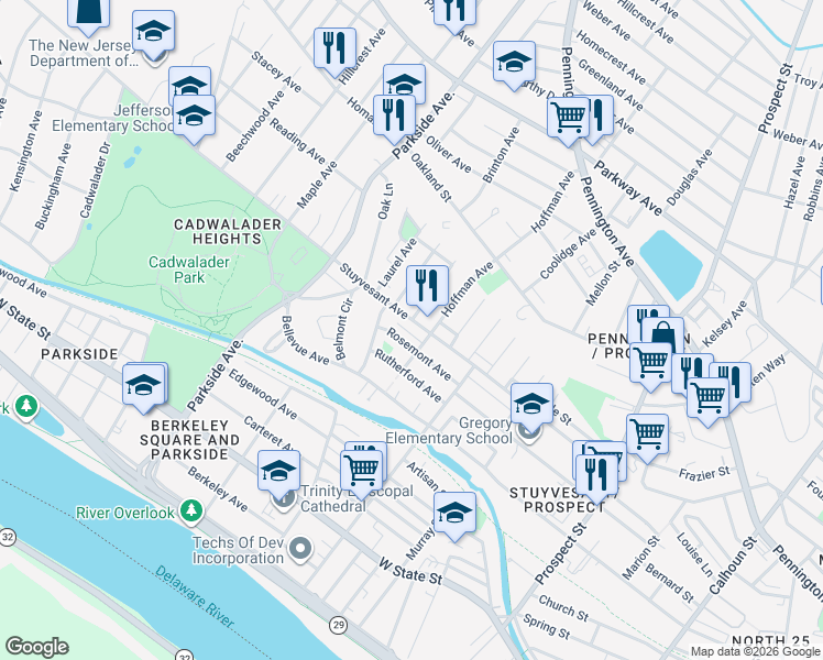 map of restaurants, bars, coffee shops, grocery stores, and more near 215 Rosemont Avenue in Trenton