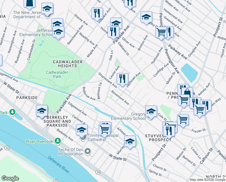 map of restaurants, bars, coffee shops, grocery stores, and more near 215 Rosemont Avenue in Trenton