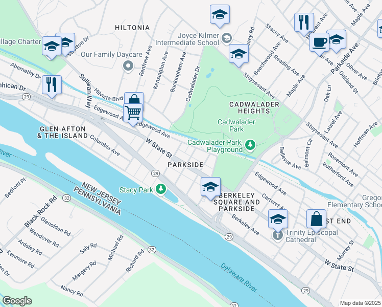 map of restaurants, bars, coffee shops, grocery stores, and more near 1216 West State Street in Trenton