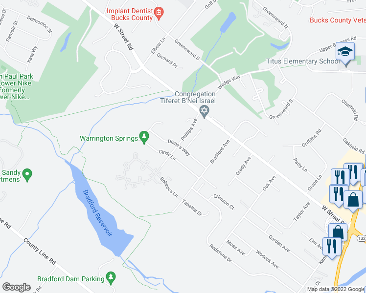 map of restaurants, bars, coffee shops, grocery stores, and more near 500 Deborah Court in Warrington
