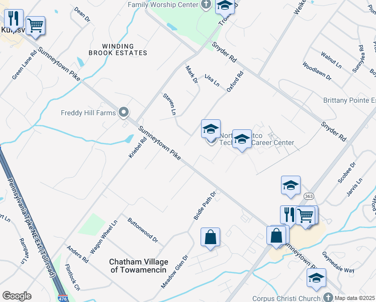 map of restaurants, bars, coffee shops, grocery stores, and more near 135 Oxford Road in Lansdale