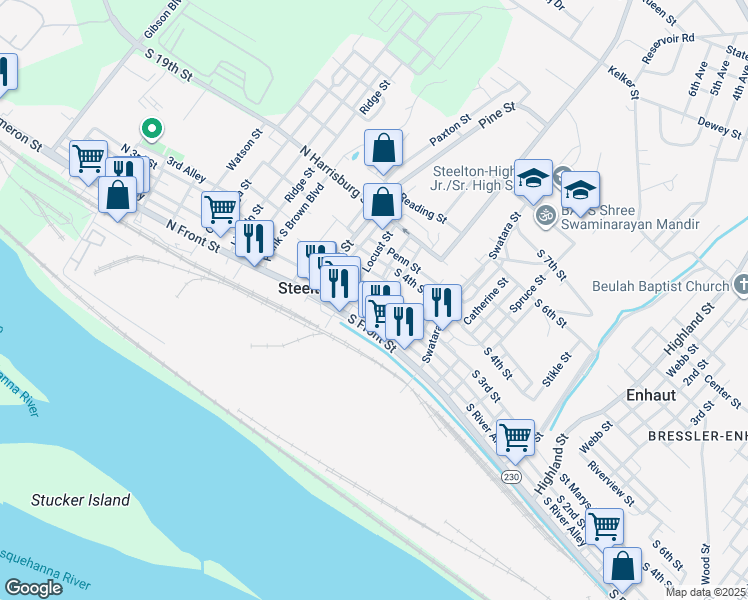 map of restaurants, bars, coffee shops, grocery stores, and more near 51 South Front Street in Steelton