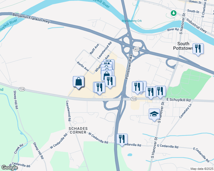 map of restaurants, bars, coffee shops, grocery stores, and more near Highway 724 in Pottstown