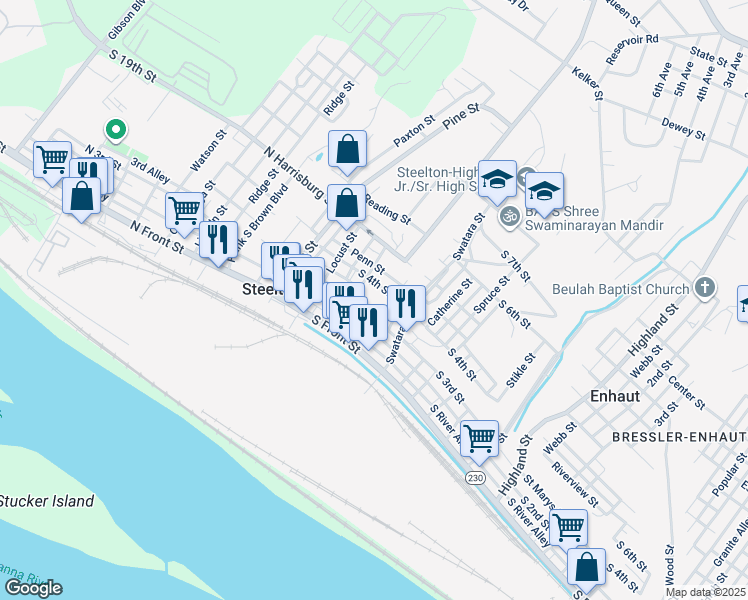 map of restaurants, bars, coffee shops, grocery stores, and more near 100 South 4th Street in Steelton