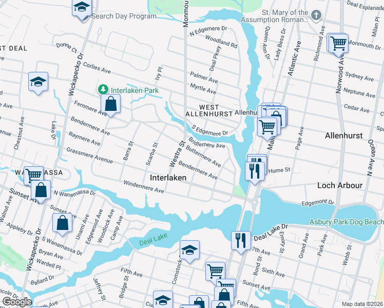 map of restaurants, bars, coffee shops, grocery stores, and more near 301 Bendermere Avenue in Interlaken