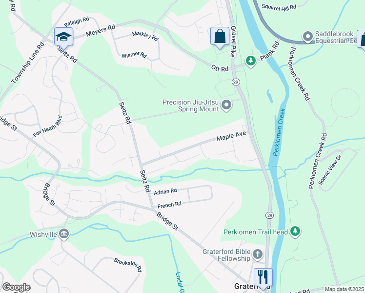 map of restaurants, bars, coffee shops, grocery stores, and more near 259 Maple Avenue in Collegeville