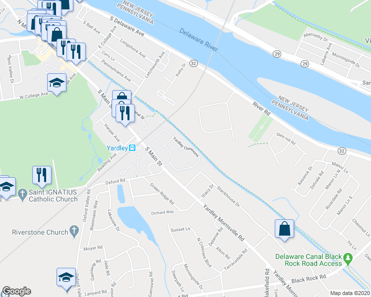 map of restaurants, bars, coffee shops, grocery stores, and more near 1299 Yardley Commons in Yardley