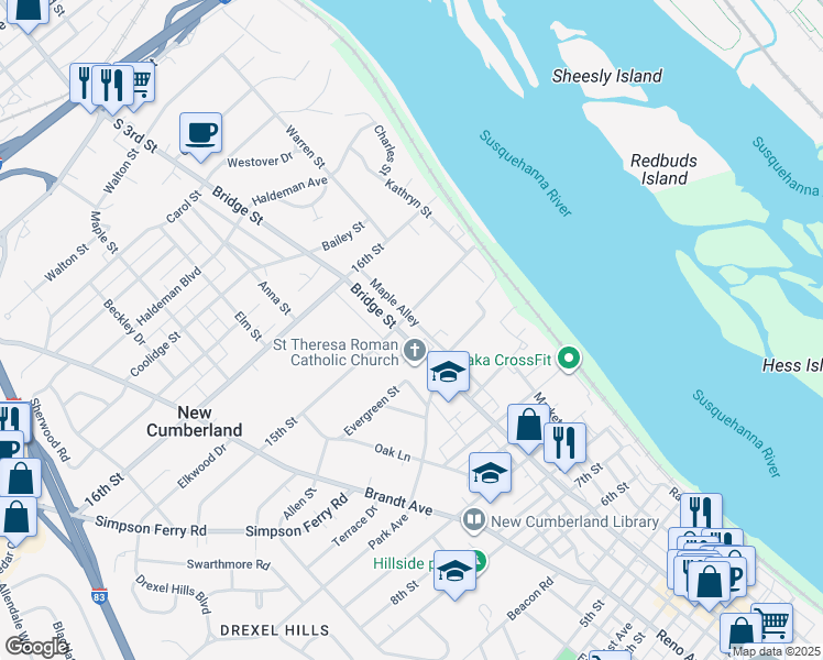 map of restaurants, bars, coffee shops, grocery stores, and more near 1412 Bridge Street in New Cumberland