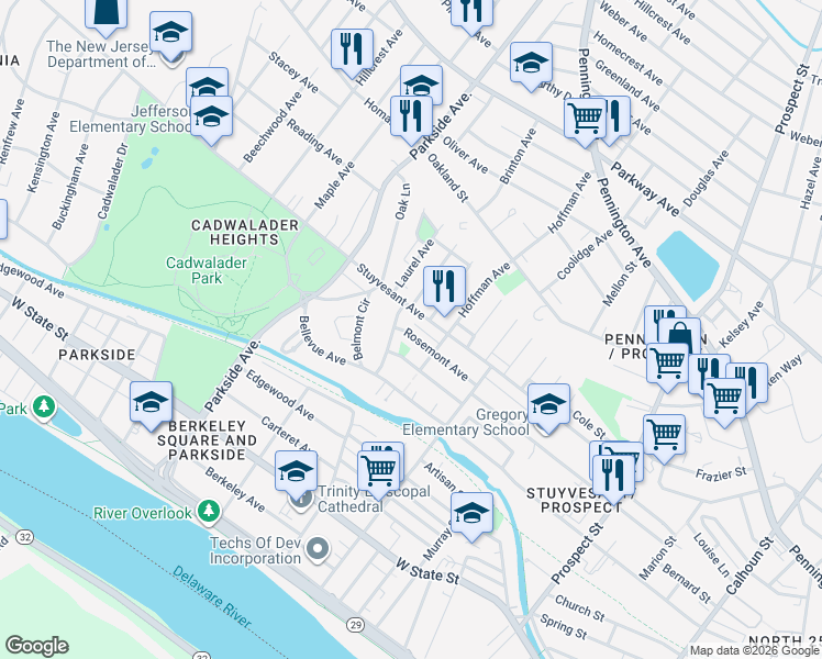 map of restaurants, bars, coffee shops, grocery stores, and more near 215 Rosemont Avenue in Trenton