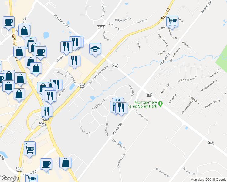 map of restaurants, bars, coffee shops, grocery stores, and more near 103 Stayman Drive in North Wales