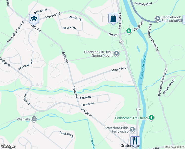 map of restaurants, bars, coffee shops, grocery stores, and more near 267 Maple Avenue in Collegeville
