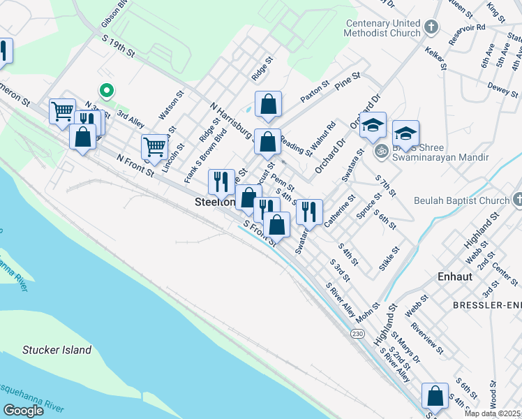 map of restaurants, bars, coffee shops, grocery stores, and more near 35 South 2nd Street in Steelton