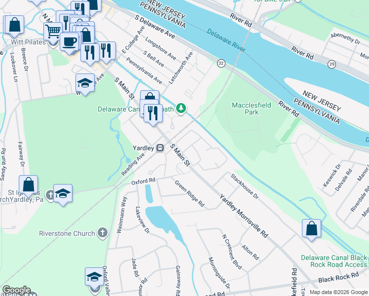 map of restaurants, bars, coffee shops, grocery stores, and more near 114 Yardley Commons in Yardley