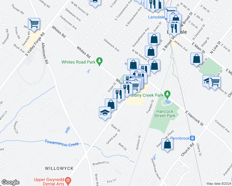map of restaurants, bars, coffee shops, grocery stores, and more near 614 Rosemont Avenue in Lansdale