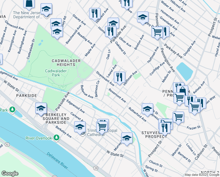 map of restaurants, bars, coffee shops, grocery stores, and more near 215 Rosemont Avenue in Trenton