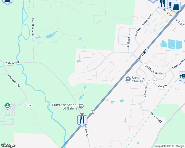 map of restaurants, bars, coffee shops, grocery stores, and more near 402 Butterfly Drive in Sunbury