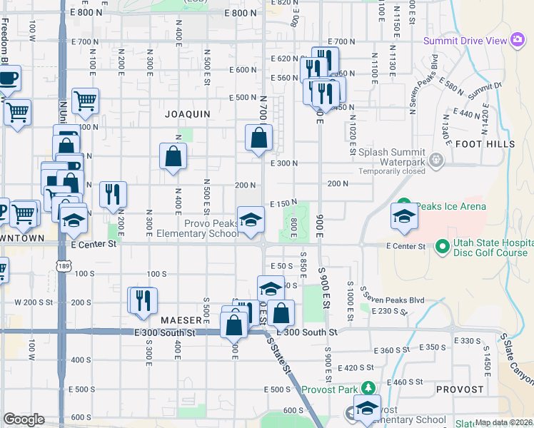 map of restaurants, bars, coffee shops, grocery stores, and more near 100 North 700 East in Provo