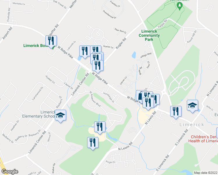 map of restaurants, bars, coffee shops, grocery stores, and more near 705 Hunsberger Drive in Royersford