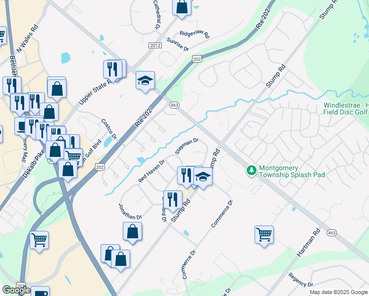 map of restaurants, bars, coffee shops, grocery stores, and more near 108 Stayman Drive in North Wales