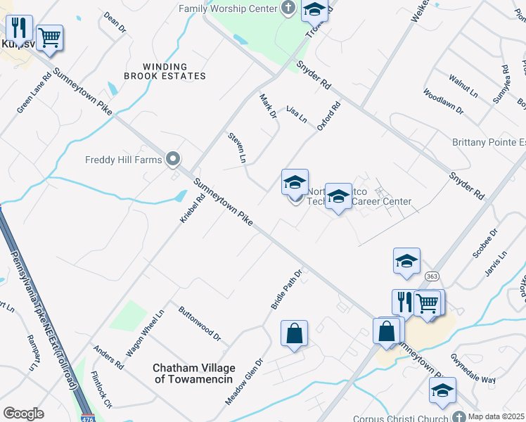 map of restaurants, bars, coffee shops, grocery stores, and more near 135 Oxford Road in Lansdale