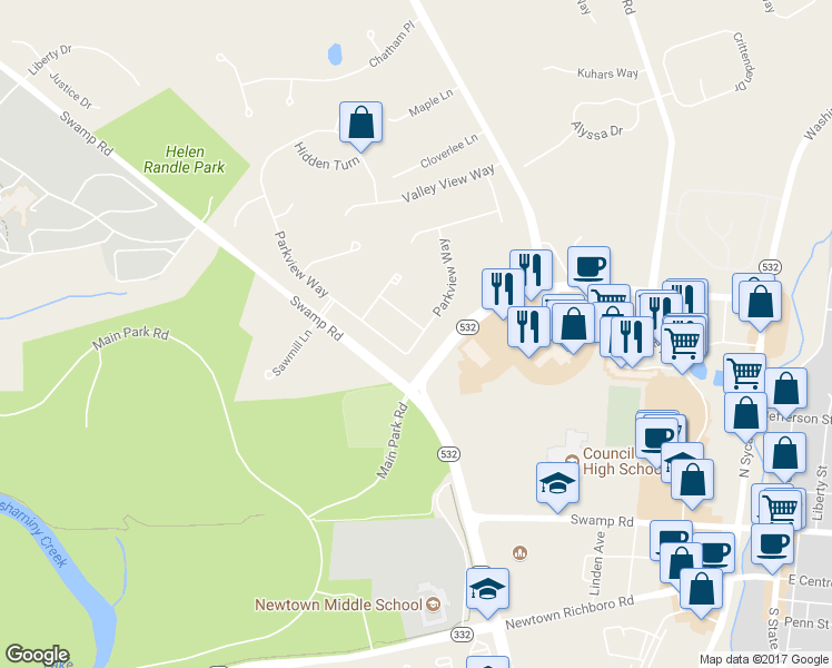 map of restaurants, bars, coffee shops, grocery stores, and more near 1 East Park Road in Newtown