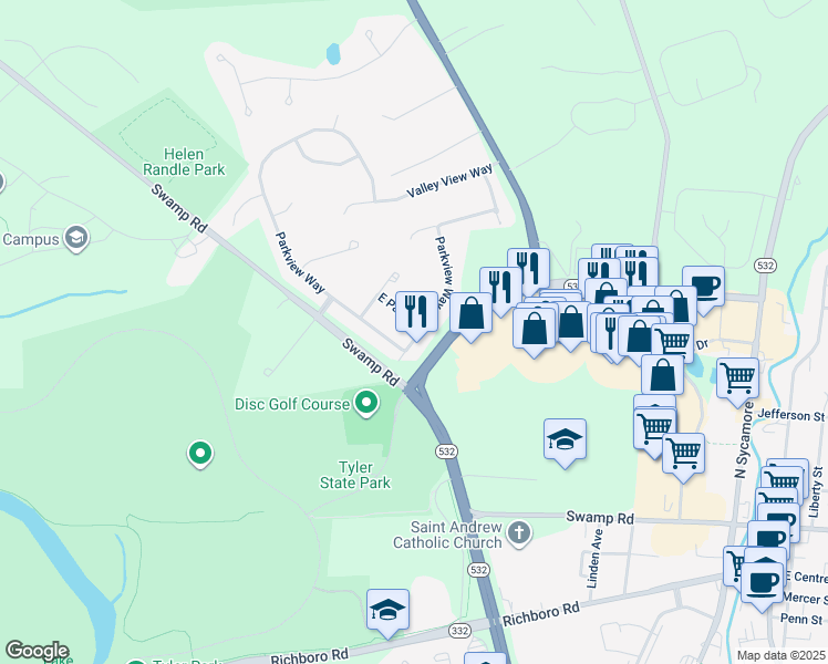 map of restaurants, bars, coffee shops, grocery stores, and more near 1 East Park Road in Newtown