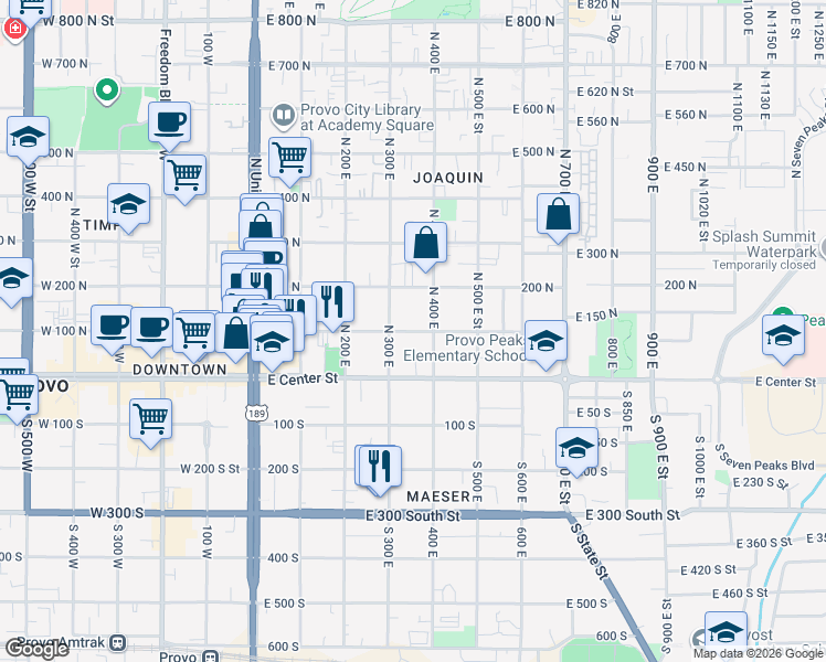 map of restaurants, bars, coffee shops, grocery stores, and more near 356 100 North in Provo