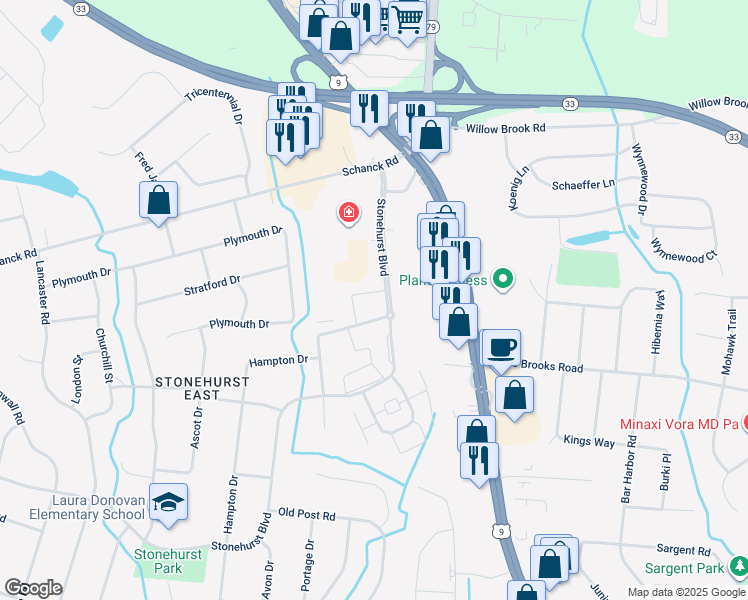 map of restaurants, bars, coffee shops, grocery stores, and more near 2 Windsor Terrace in Freehold