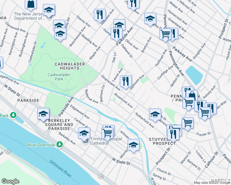map of restaurants, bars, coffee shops, grocery stores, and more near 215 Rosemont Avenue in Trenton