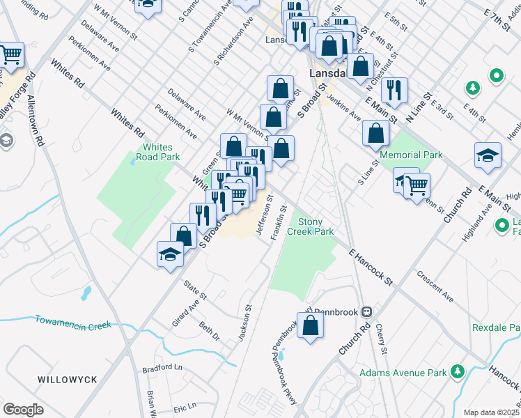 map of restaurants, bars, coffee shops, grocery stores, and more near 449 Jefferson Street in Lansdale