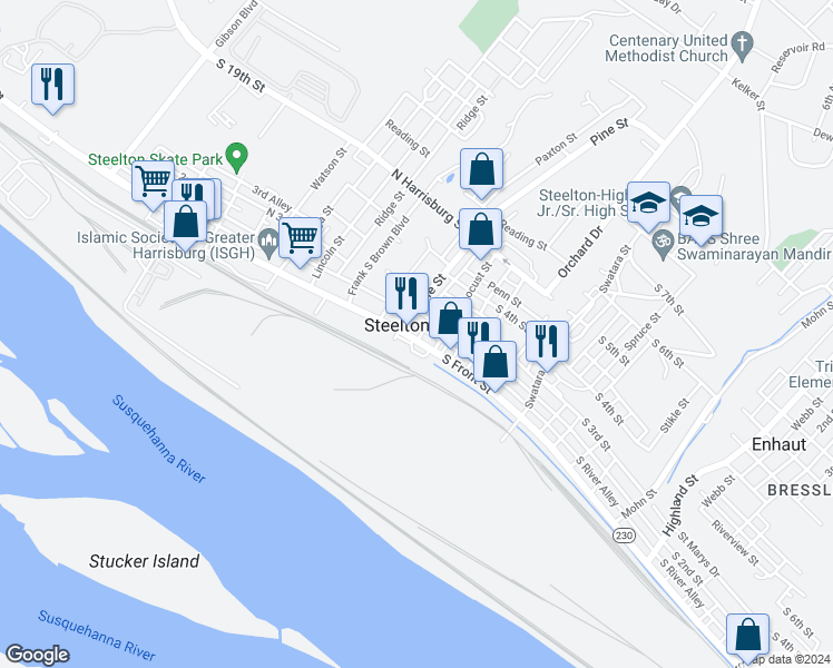 map of restaurants, bars, coffee shops, grocery stores, and more near 51 North Front Street in Steelton