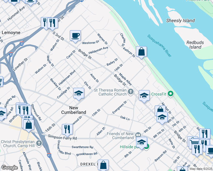 map of restaurants, bars, coffee shops, grocery stores, and more near 332 16th Street in New Cumberland