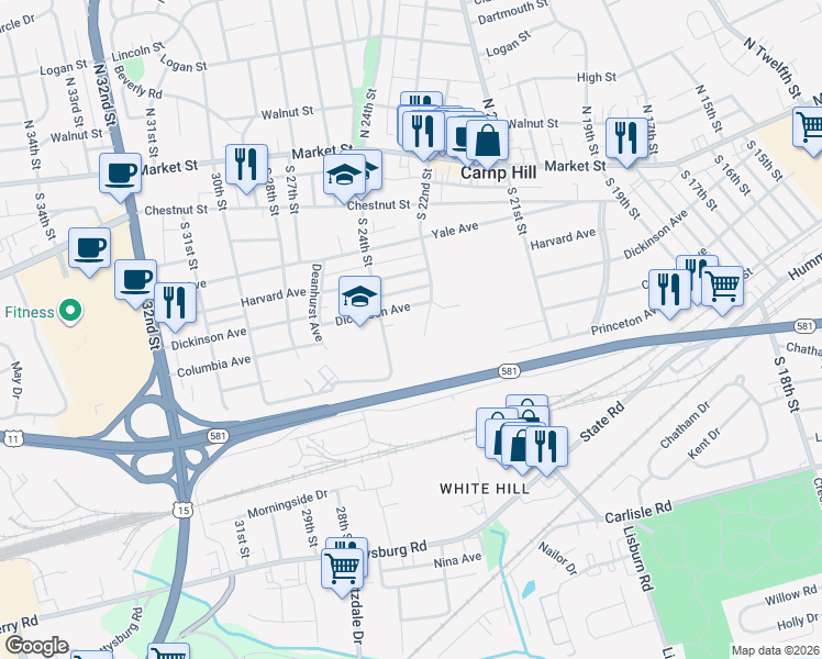 map of restaurants, bars, coffee shops, grocery stores, and more near 410 South 22nd Street in Camp Hill