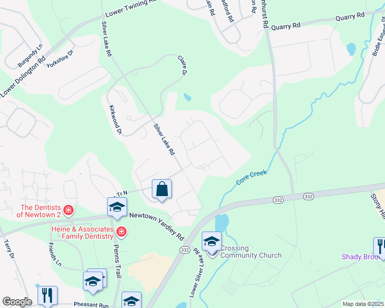 map of restaurants, bars, coffee shops, grocery stores, and more near 122 Thornhill Lane in Newtown