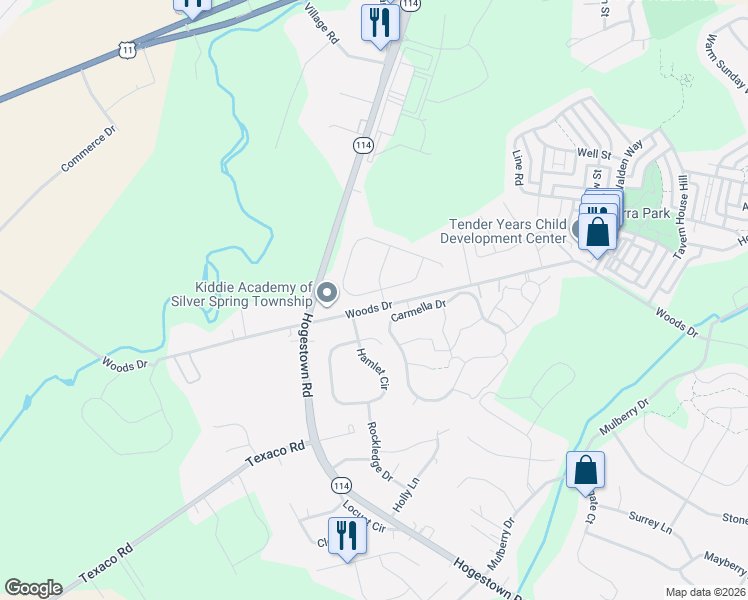 map of restaurants, bars, coffee shops, grocery stores, and more near 107 Carmella Drive in Mechanicsburg