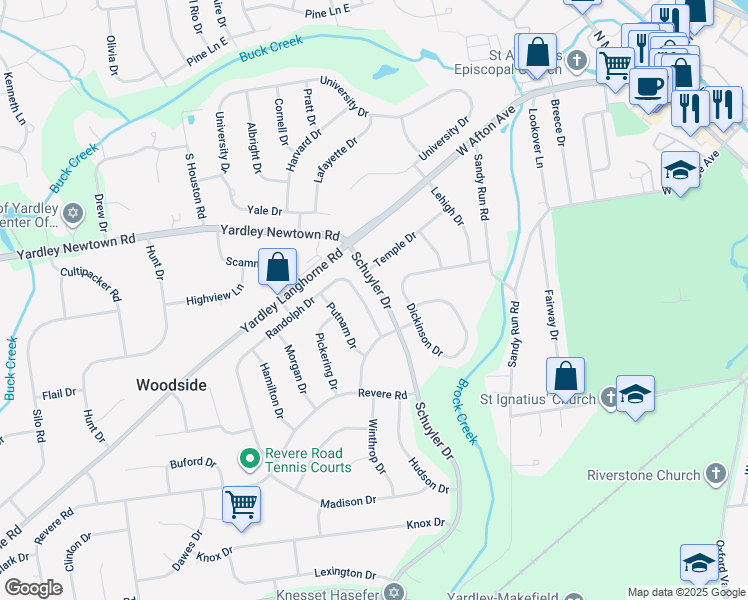map of restaurants, bars, coffee shops, grocery stores, and more near 942 Randolph Drive in Yardley
