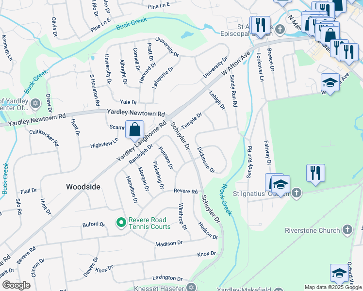 map of restaurants, bars, coffee shops, grocery stores, and more near 942 Randolph Drive in Yardley