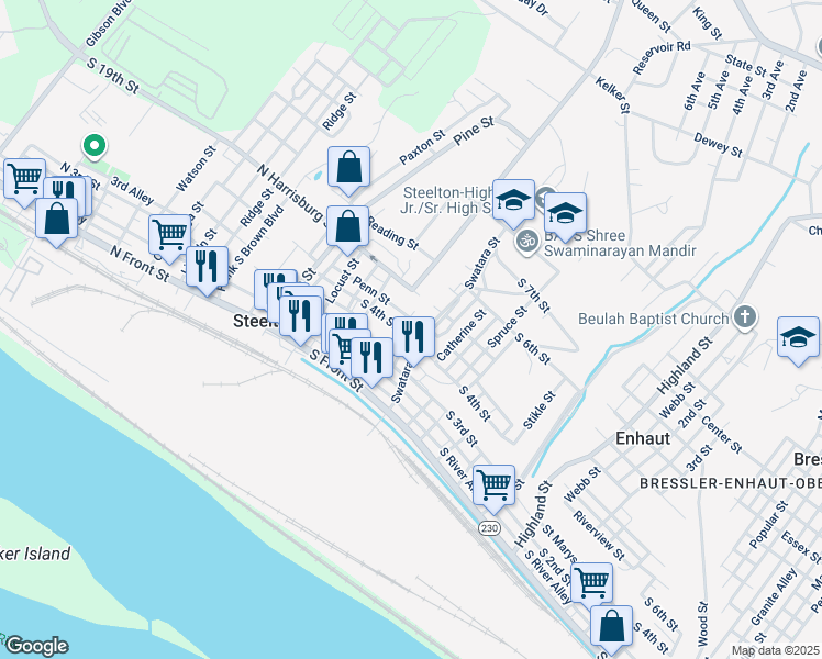 map of restaurants, bars, coffee shops, grocery stores, and more near 171 South 4th Street in Steelton