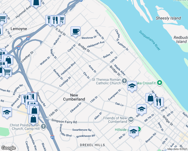 map of restaurants, bars, coffee shops, grocery stores, and more near 405 16th Street in New Cumberland