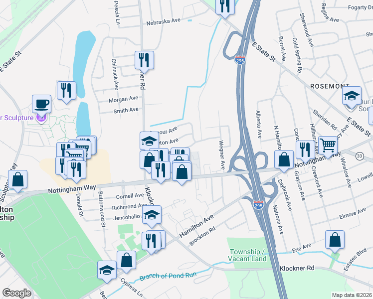 map of restaurants, bars, coffee shops, grocery stores, and more near 63 Steinert Avenue in Hamilton Township