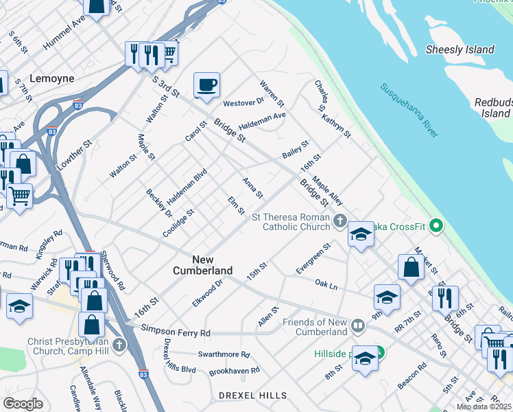 map of restaurants, bars, coffee shops, grocery stores, and more near 405 16th Street in New Cumberland