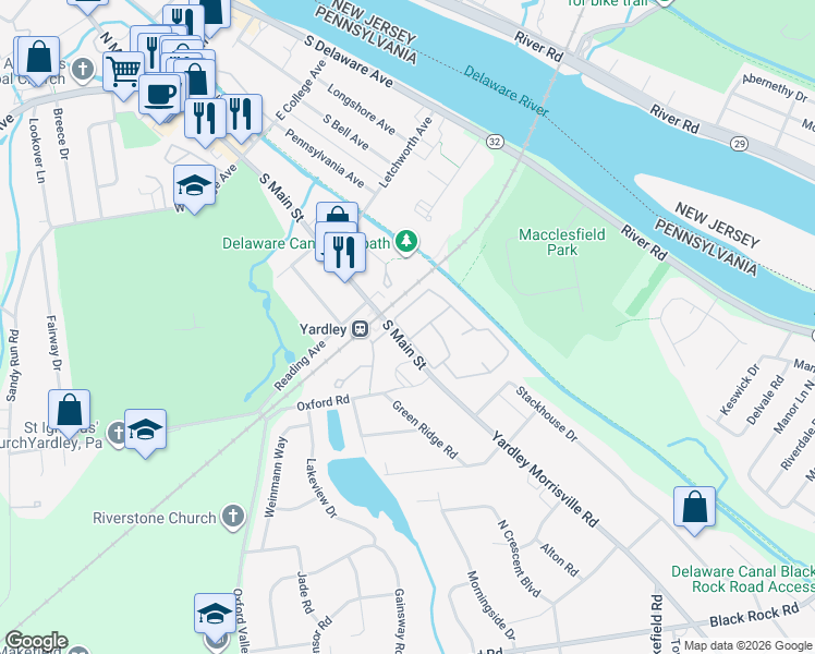 map of restaurants, bars, coffee shops, grocery stores, and more near 114 Yardley Commons in Yardley