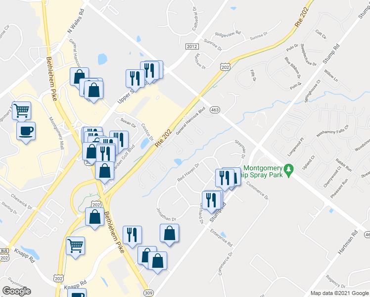 map of restaurants, bars, coffee shops, grocery stores, and more near 300 Georges Court in North Wales