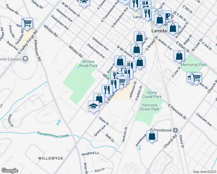 map of restaurants, bars, coffee shops, grocery stores, and more near 611 Rosemont Avenue in Lansdale