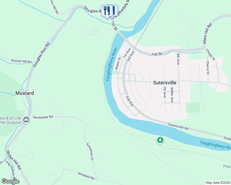 map of restaurants, bars, coffee shops, grocery stores, and more near 516 1st Avenue in Sutersville