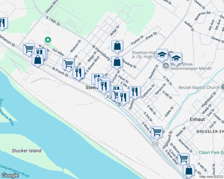 map of restaurants, bars, coffee shops, grocery stores, and more near 23 South 2nd Street in Steelton