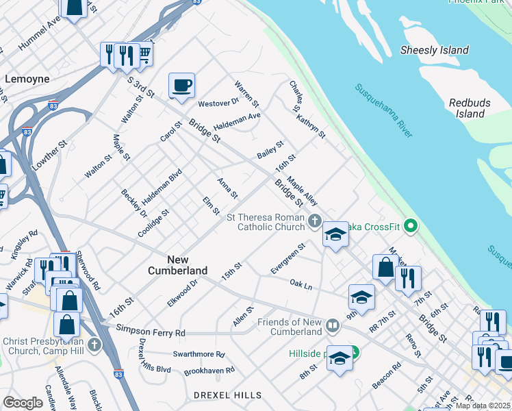 map of restaurants, bars, coffee shops, grocery stores, and more near 332 16th Street in New Cumberland