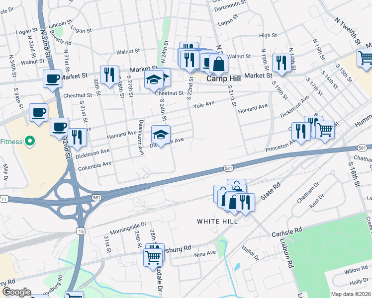 map of restaurants, bars, coffee shops, grocery stores, and more near 410 South 22nd Street in Camp Hill